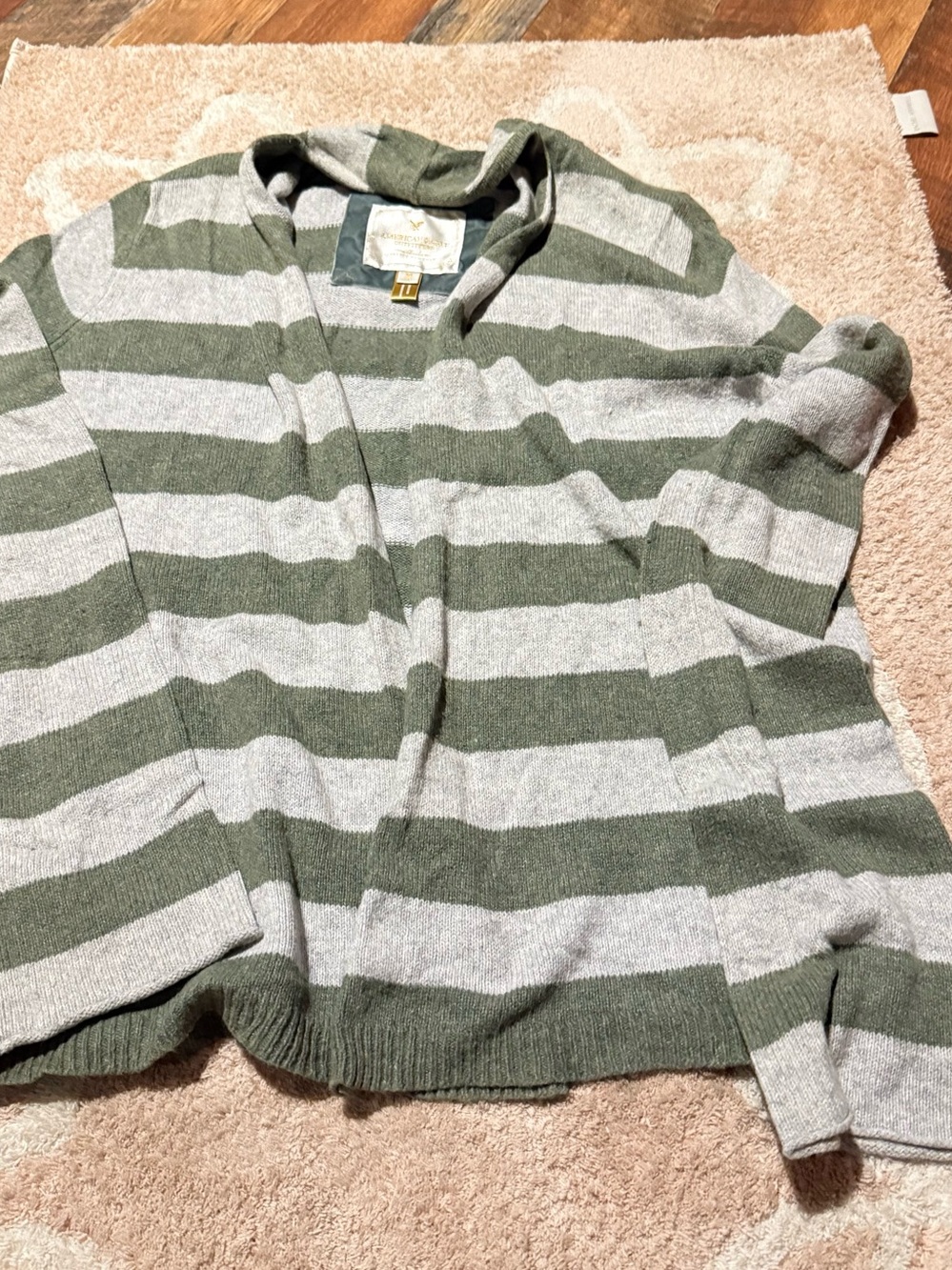 Ladies Striped Open-Front Cardigan in Olive & Light Gray